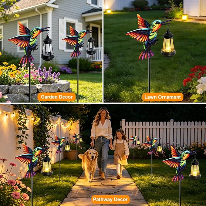 ANGMLN Hummingbird Solar Lights Outdoor, Hanging Lantern Waterproof, Birthday Gifts for Women Mom Mother's Day, Metal Garden Statue Yard Decor Patio Pathway Backyard Lawn Ornaments