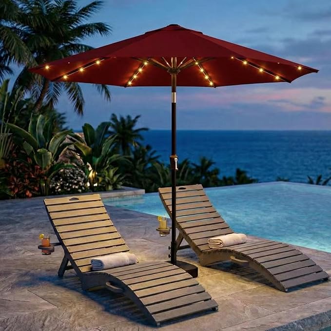Kingdura 10FT Outdoor Patio Umbrella with Solar Lights, Market Table Umbrella with Push Button Tilt & Crank, 8 Sturdy Ribs, 32 LED Lights, UV Protection for Garden Lawn Deck Backyard Pool (Dark red)