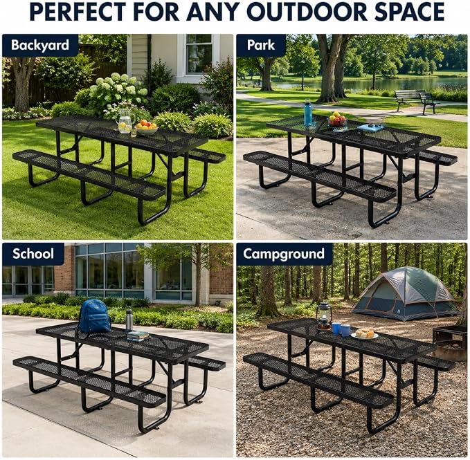 8 FT Heavy Duty Outdoor Metal Picnic Table with Umbrella Hole, Commercial Grade Steel Picnic Table with Benches, Seats 8-10 Adults, Weather Resistant for Backyard, Park, School & Campground