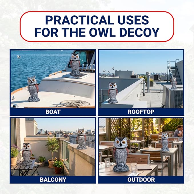 Arrigo Fake Owl Decoys to Scare Birds Away – 2pc Wind-Driven Rotating Head – Plastic Owl Statue Scarecrows – Realistic Deterrent for Critters & Squirrels - Garden, Patio, Boats, and Yard Decor