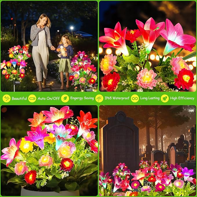 GARPAR Solar Flowers Lights Outdoor Waterproof, Upgraded 2 Pack Solar Garden Lights with 6 Lily & 14 Lotus, Bigger Solar Panel, Bright Color Changing Outdoor Decor for Outside Yard Patio, Gift