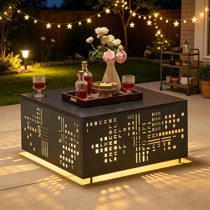 HOOOWOOO Outdoor Patio Solar Table with Umbrella Hole,Metal Coffee Side End Table,Umbrella Table with 2" Hole for Yard,Deck,Porch,Garden(Square Black)