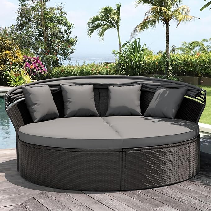 Patio Round Daybed with Canopy, Outdoor Wicker Rattan Sectional Sofa Set with Cushions, Patio Conversation Set for Backyard, Porch, Pool (Black)