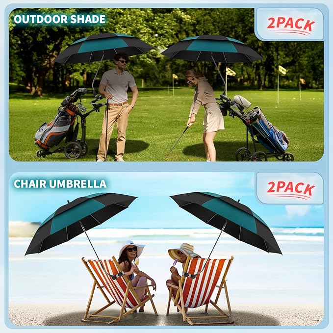 2 Pack 48.6" Double Canopy Beach Umbrella with Clamp, UPF50+ Beach Chair Umbrella with clip, 360°Adjustable Portable Outdoor(Hunter Green/Black, Not Include Chair)