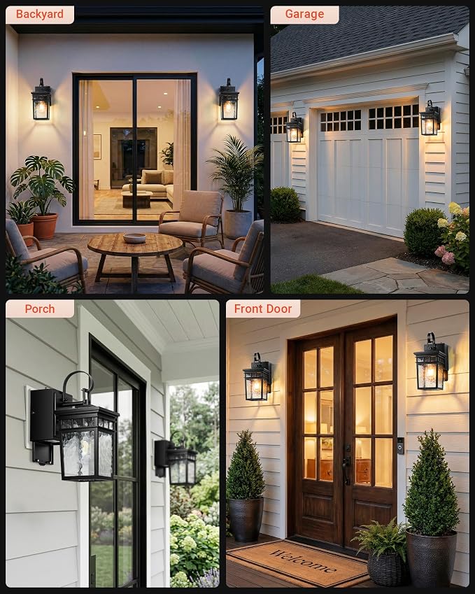 Gleamz Dusk to Dawn Outdoor Lighting with GFCI Outlet, Black Porch Lights Outdoor with Water-Ripple Glass, Anti-Rust Exterior Lights for House, Garage, Patio, Doorway, 100% Aluminum, Waterproof