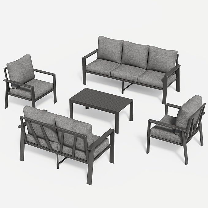 Aluminum Patio Conversation Set with Coffee Table 5 Pieces Deck Outdoor Furniture 7-Seat All-Weather Rust-Proof Sectional Sofa Set with Removable Cushion for Backyard, Poolside & Small Spaces