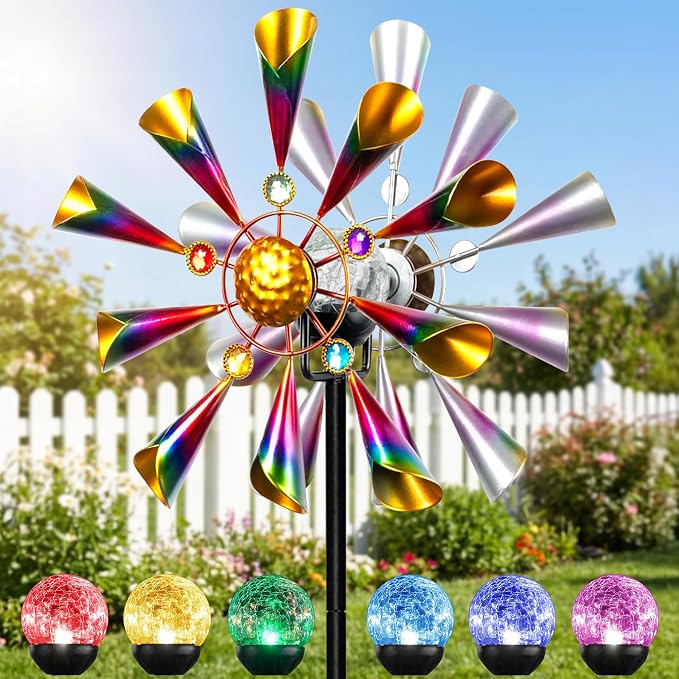 Solar Wind Spinner Outdoor - Metal Kinetic Garden Sculptures with Color Changing LED Crackle Glass Ball, Waterproof Wind Mill Stake for Yard, Patio, Lawn, and Pathway Decoration (Multi-Color)