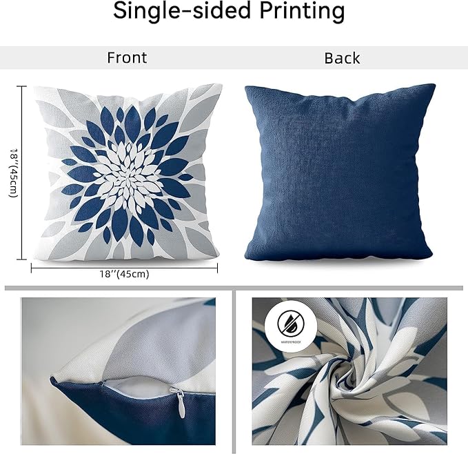 Qahing Pack of 4 Outdoor Waterproof Pillow Covers 18x18 Decorative Outdoor Throw Pillows Garden Square Cases for Patio Furniture, Couch, Tent Sunbrella, Bench, Blue Grey