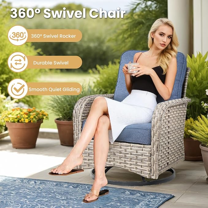 HOOOWOOO Sectional Patio Furniture Set With Fire Pit Table,15 Pieces Wicker Outdoor Furniture L Shaped Couch,Outside Conversation Set Extra Deep Seat Sofa Wide Arm Swivel Chairs Solar Light,Denim Blue