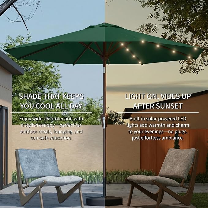9FT Solar Umbrella 32 LED Lighted Patio Umbrella Table Market Umbrella w/Tilt and Crank, UV-Resistant Outdoor Umbrella for Pool, Garden, Deck, Forest Green