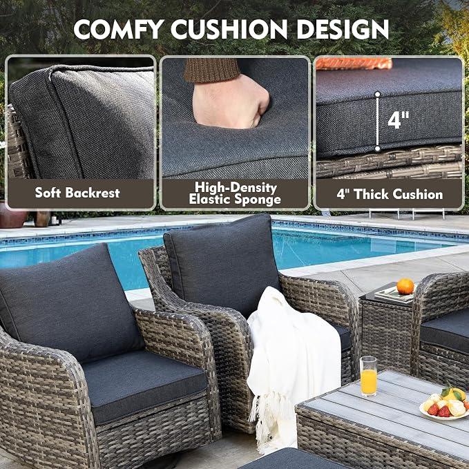 MEISSALIVVE 8 Pieces Patio Furniture Set with Swivel Chair, Wicker Patio Sofa, Rattan Conversation Set with Three-seat Sofa, 2 Fixed Single Chair for Lawn Backyard (Grey)
