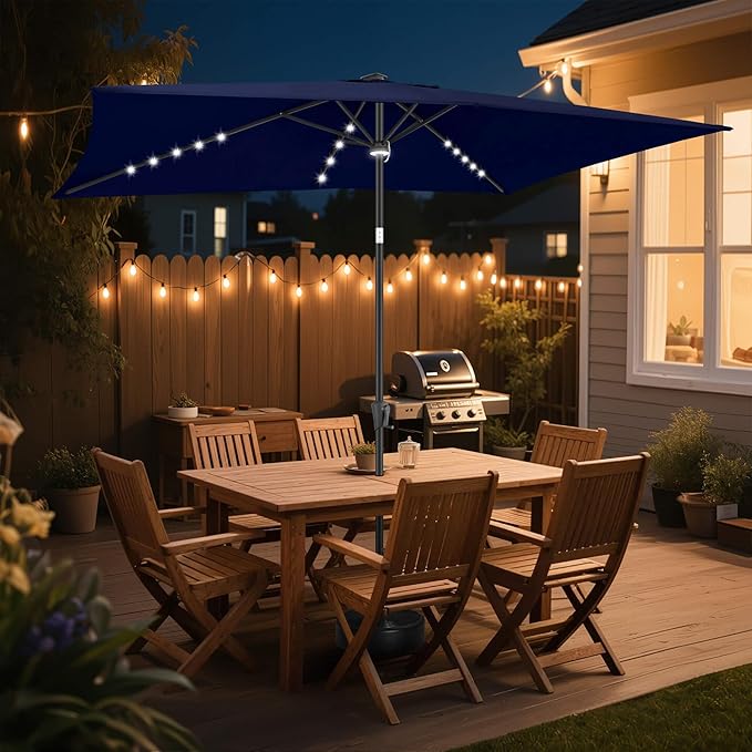 FLAME&SHADE 6.5 x 10 ft Rectangular Solar Powered Outdoor Market Patio Table Umbrella with LED Lights and Tilt, Navy Blue