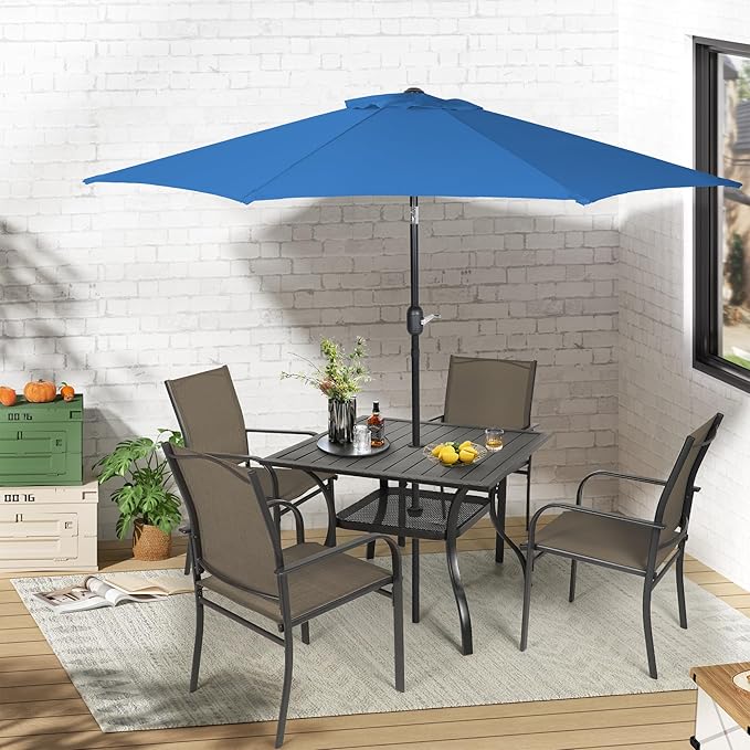 Crownland 5 Piece Patio Dining Set, Outdoor Textilene Dining Sets, 4 Textilene Metal Chairs and Square Outdoor Dining Table with Dark Blue 9FT Round Outdoor Umbrella (Brown)