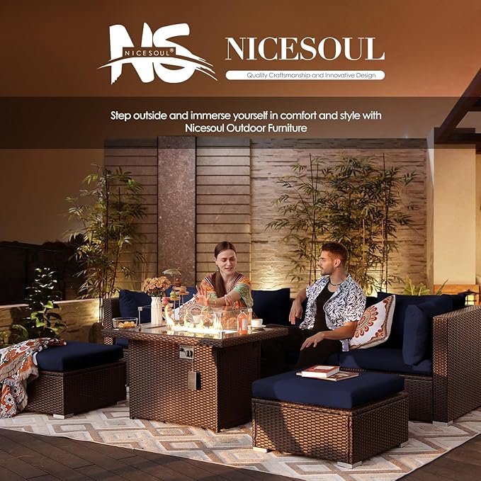 NICESOUL 11 Piece Outdoor Furniture Set with Fireplace Propane/Natural Gas, Luxury Patio Sectional 10-Person, 29.3'' High-Back Backyard Seating Area, All-Weather Rattan Couch Sofa, Brown & Blue