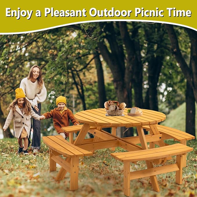 Outdoor Wooden Picnic Table with 4 Built-in Benches and Umbrella Hole for 8 Person,Outside Table and Bench Set Round Picnic Table for Garden, Backyard, Porch,Patio(Natural