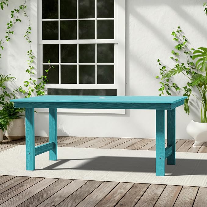 KINGYES All Weather Outdoor Dining Table with Umbrella Hole, HDPE Rectangular Patio Table for Backyard, Garden, Porch, Deck, Aruba Blue