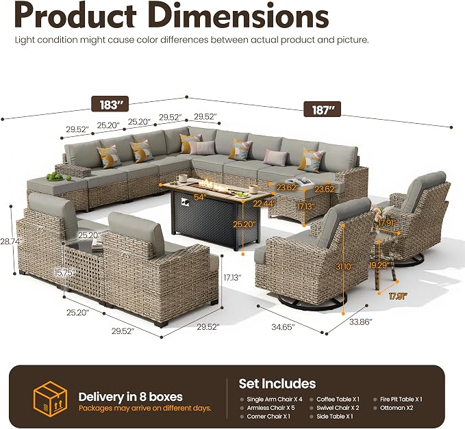 HOOOWOOO Sectional Patio Furniture Set with Fire Pit Table,17 Pieces Wicker Outdoor Furniture L Shaped Couch,Outside Conversation Set Extra Deep Sofa Wide Arm Swivel Chairs Ottoman Light,Dark Gray