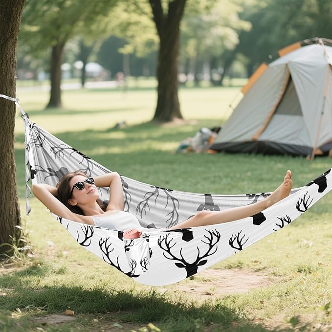 Camping Hammock Outdoor Hammocks for Outside Antlers Deer Heads Beach Trees Portable Lightweight with Pockets Tree Straps Indoor Small