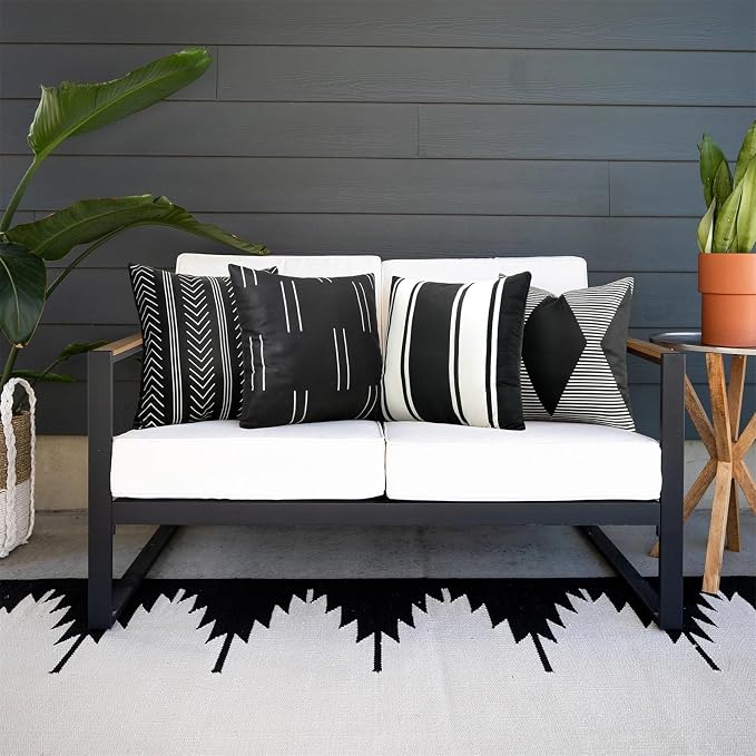 Adabana Set of 4 Outdoor Waterproof Pillow Covers 20x20 Black and White | Modern Geometric Throw Pillows Cover Decorative Boho Pillow Covers for Patio, Garden, Porch
