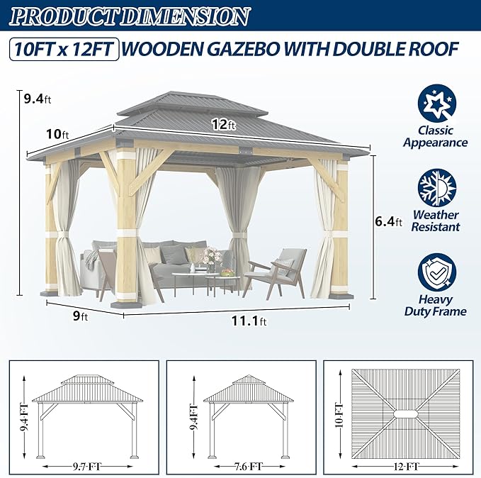 COVERONICS 10FT x 12FT Outdoor Wood Gazebo - Galvanized Steel Hardtop Gazebo with Heavy-Duty Double Roof, Patio Wooden Gazebo for Garden with Netting & Curtains, Poolside, Deck, Backyard