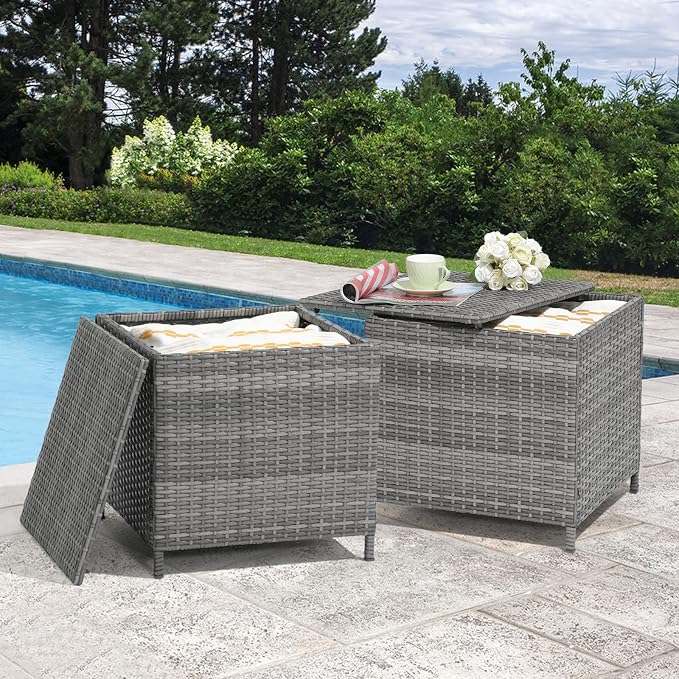 Verano Garden Outdoor Wicker Side Table Set of 2, Small Storage Rattan Wicker End Table, Square Resin Coffee Table for Garden Porch Deck Living Room Backyard