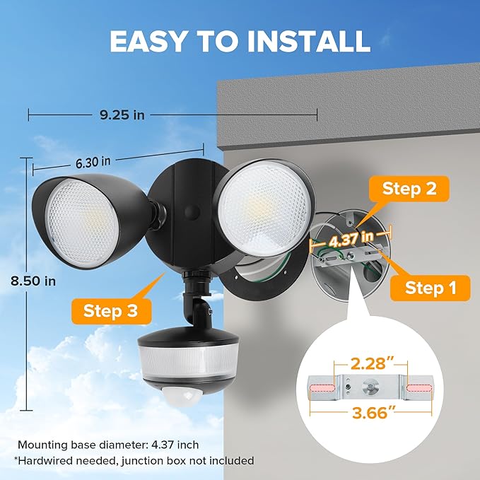 LUTEC 34W 3700 Lumen LED Security Lights Motion Sensor Light Outdoor with Night Light, 5000K IP65 Waterproof, Dusk to Dawn, Hardwired Motion Detector Flood Light for Garage, Yard-Black Night Light