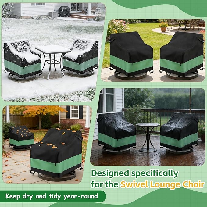 Swivel Patio Chair Cover 2 Pack Waterproof Heavy Duty Outdoor Chair Covers (33 W x 35 D x 38.5 H inch) Outdoor Swivel Lounge Chair Cover Black&Green