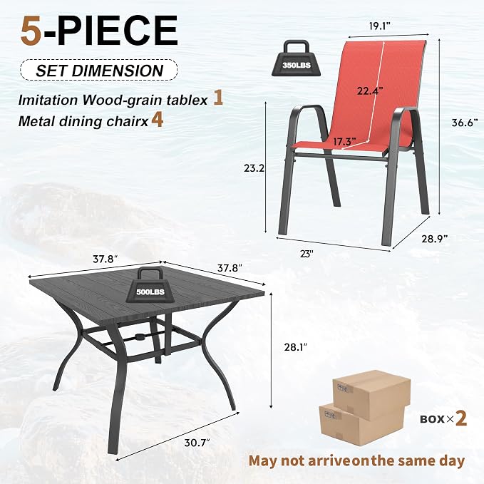 Outdoor Dining Set for 4, Patio Metal Table and Chairs Set with 1.97'' Umbrella Hole, 5pcs Patio Furniture Set 37.8”x37.8” Dining Table Set with Stackable Chairs for Backyard Pool Deck