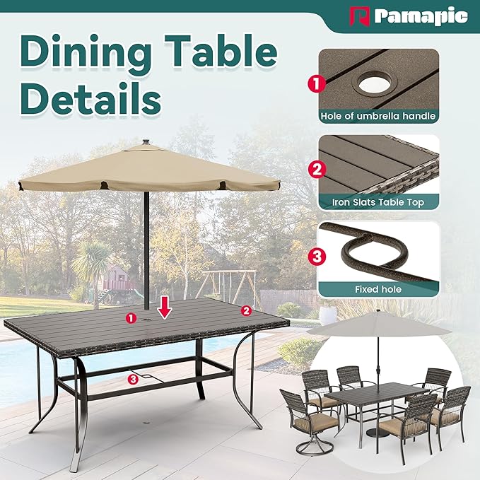 Pamapic 7-Piece Outdoor Dining Set with Swivel Rocker Chairs, Wicker Patio Furniture for 6, Poolside Garden Deck with Iron Table & Removable Cushions(Beige)