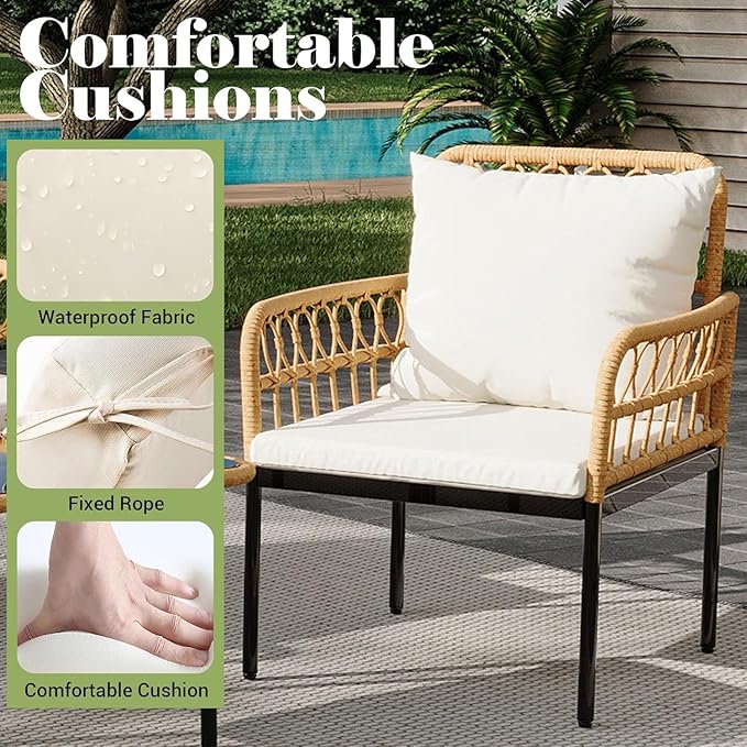 4-Piece Outdoor Wicker Patio Living Room Set – Stylish Rattan Balcony Furniture with Chaise Lounge, 2 Cushioned Armchairs, and Elegant Glass Coffee Table–Perfect for Porch or Deck Lounging