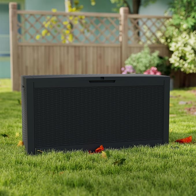 100 Gallon Deck Boxes Outdoor Waterproof, Outdoor Storage Box with Lockable Lid & UV-Resistant for Patio Furniture, Outdoor Cushions, Garden Tools and Pool Supplies, Black