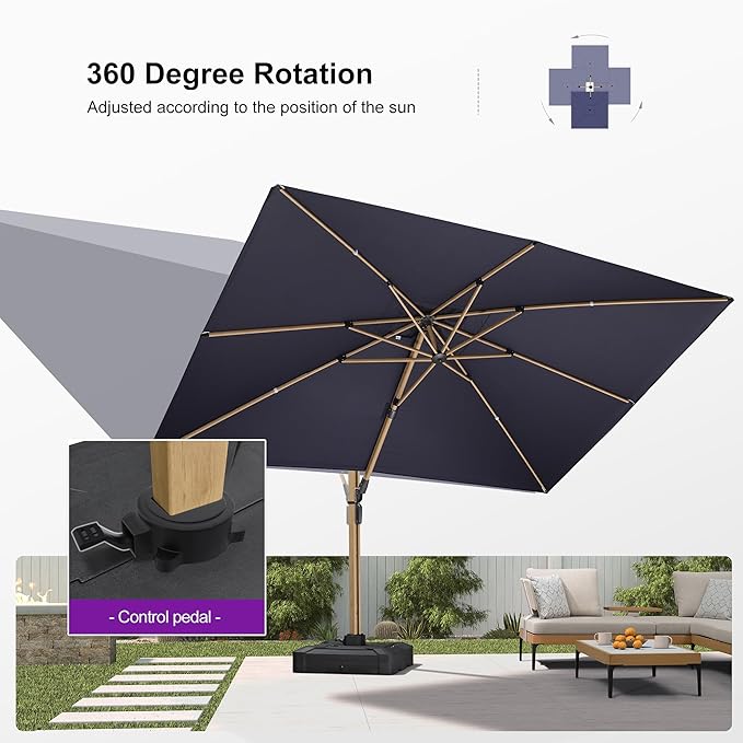 PURPLE LEAF 9' x 12' Rectangle Patio Cantilever Umbrella Large Hanging Umbrella Teak Finished Aluminum Frame Windproof Offset Outdoor Sun Umbrellas for Beach Pool Deck, Navy Blue