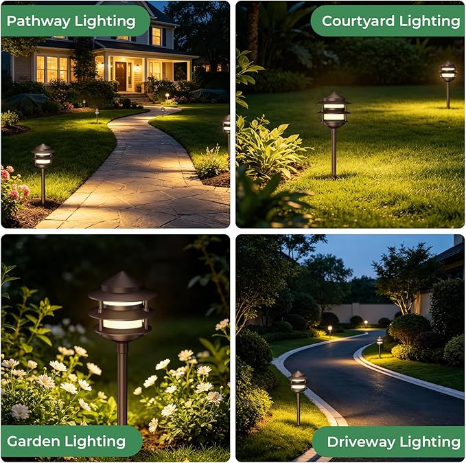 Gardencoin Pagoda Low Voltage Landscape Pathway Lights, 12V Outdoor LED Path Lights Wired, Aluminum Walkway Lighting with 4W 2700K Replaceable G4 Bulb, Bronze Classic 3-Tier Lantern, 12 Pack