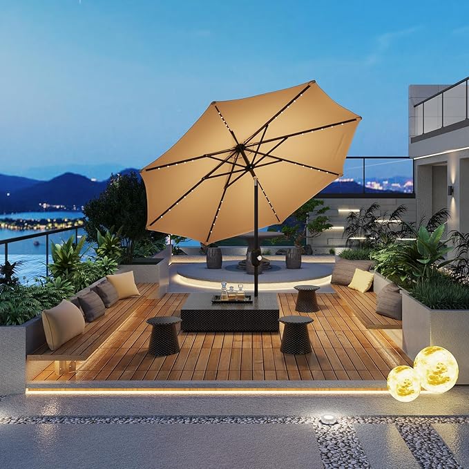 10FT Patio Umbrella with Solar Lights, Outdoor Table Umbrella with Tilt & Crank, 8 Ribs Waterproof UV Protected for Pool, Deck, Backyard, Tan