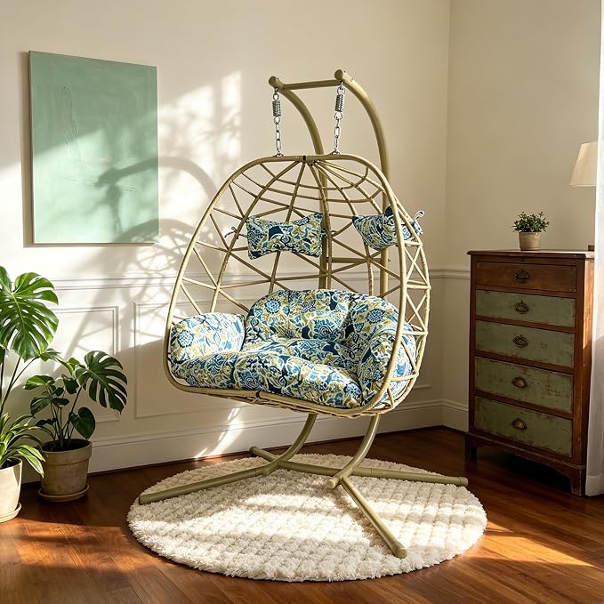 2 Person Double Hanging Egg Chair, Oversized Wicker Rattan Loveseat Swing Chair, Heavy Duty 600lbs Capacity, Foldable Basket Hammock Chair with Thick Cushion for Indoor Outdoor Patio Bedroom