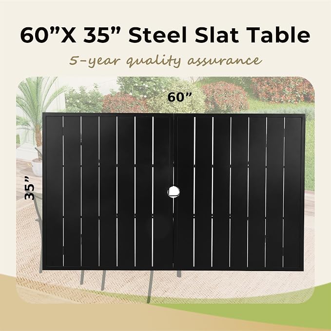 MIXPATIO Outdoor Patio Dining Table for 6, 60" x 35" Rectangular Metal Patio Dining Table with Umbrella Hole for Garden, All Weather Wrought Iron Black Outdoor Table for Backyard and Porch