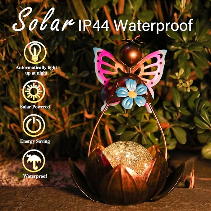 Afirst Solar Lights Outdoor, Solar Fairy Lotus Lamp Garden Decor Metal Crackle Glass Decorative Ball Waterproof Landscape Path Light LED Table Light for Tabletop,Patio,Lawn,Walkway,Tabletop,Pathway
