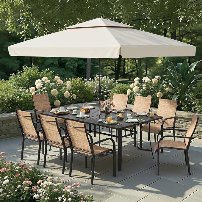 9 Pieces Patio Table and Chairs Set, 75.6" Metal Dining Table with Umbrella Hole & 8 Textilene Fixed Chairs, Dining Table Set for 8, Outdoor Furniture for Porch Deck Backyard Balcony, Brown