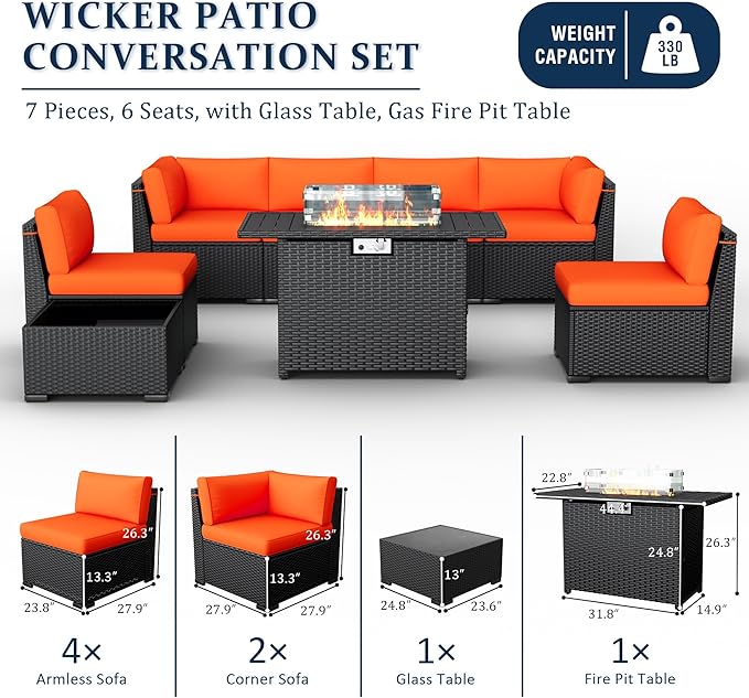8 Pieces Outdoor Patio Furniture Set with 44" Fire Pit Table Black Rattan Sectional Conversation Sets w/Gas Fire Pit, Coffee Table, 2 Waterproof Covers, Orange