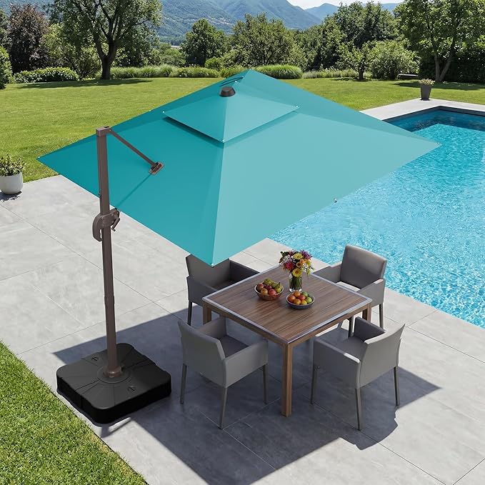GENTEACO 10X10 FT Cantilever Umbrella, Large Offset Patio Umbrella with Double Top, 6 Angle Tilts & 360° Rotation, Large Square Sun Umbrellas for Outdoor Patio Pool Deck Market, Turquoise Blue