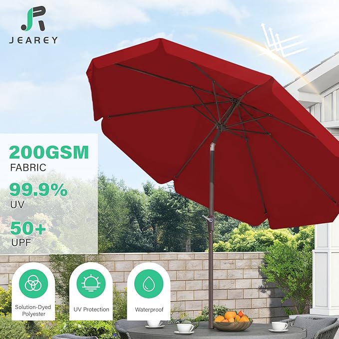 JEAREY 9 FT Patio Umbrella Outdoor, Table Umbrellas Market Umbrella w/Push Button Tilt/Crank, 8 Sturdy Ribs(Red)