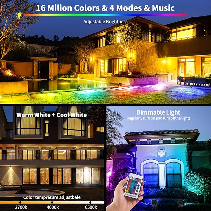 WEYANG RGBW LED Color Changing Landscape Lights,15W Outdoor Waterproof Spotlights with Remote and Plug,120V Yard Lights Outdoor for Lawn Pathway Garden Patio Decorative