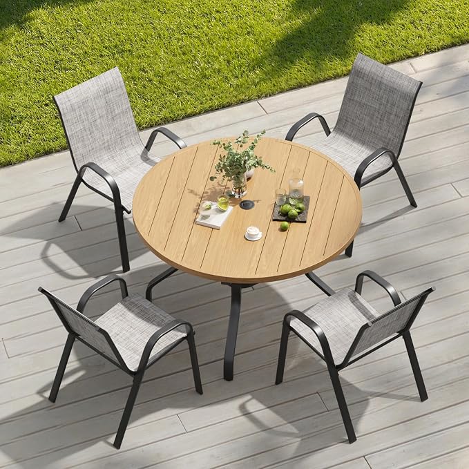 Soohow Patio Dining Set for 4, 5-piece Outdoor Dining Set 4 x Stackable Patio Chairs & 1 x Wood-Like Round Table with Umbrella Hole, All-Weather Outdoor Table and Chairs for Backyard, Balcony, Porch