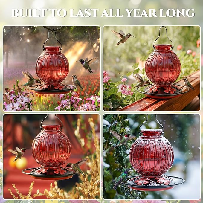 2 Pack Glass Hummingbird Feeder for Outdoors Hanging, Bird Nectar Feeder with Perch & 5 Flower Feeding Ports, 26 Oz Leak Proof for Outside Garden Decor Backyard, Gifts for Women Mom, Red