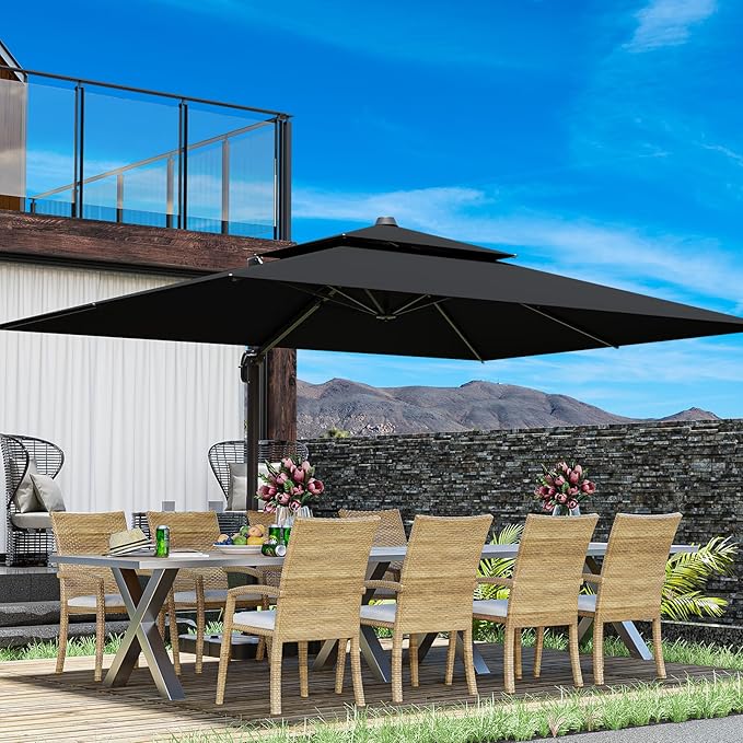 10x13FT Cantilever Outdoor Patio Umbrellas,Double Top Large Rectangle Umbrella Heavy Duty 360°Rotation Offset Outdoor Sun Shade Umbrella for Garden Deck Pool Backyard Patio, Black