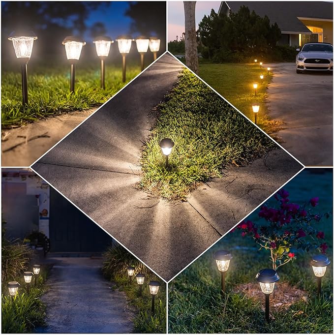 XMCOSY+ Solar Lights Pathway Outdoor - 2 LED Modes 10/25 LM Solar Powered Yard Garden Lighting, Waterproof IP65 Glass Stainless Steel Landscape Lights for Driveway Walkway Sidewalk Decor (Warm White)