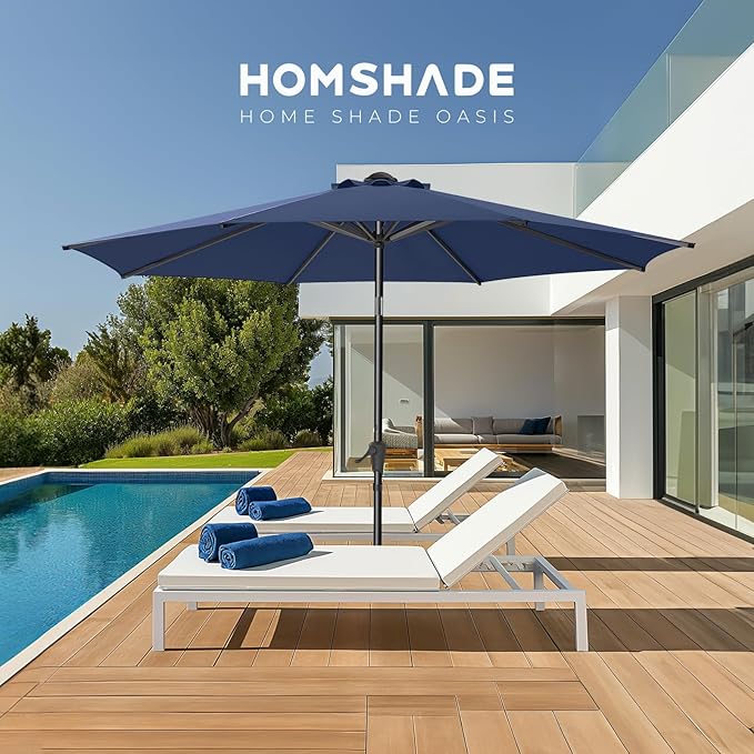 HOMSHADE 9ft Outdoor Patio Umbrella - Market Table Pool Deck Umbrella UPF50+ UV Protection with Push Button Tilt, Crank and 8 Sturdy Ribs (Navy Blue, No base)