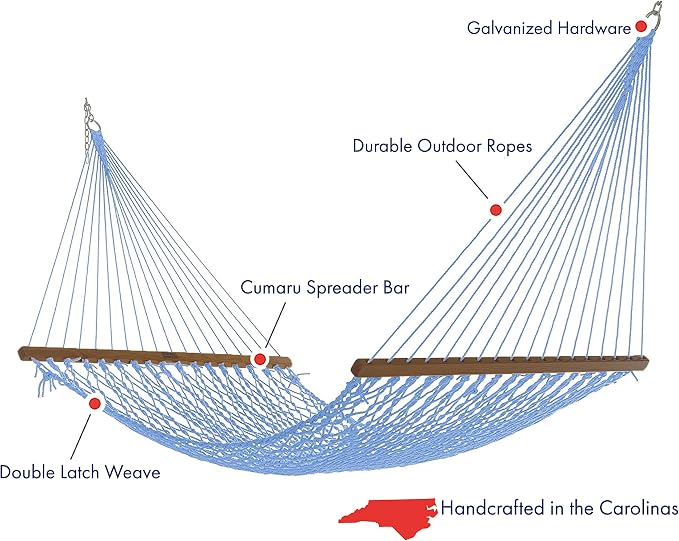 Nags Head Hammocks Admiral Coastal Blue DuraCord Rope Hammock – 13 ft. x 60 in., 2-Person, 450 lb Capacity, Cumaru Spreader Bar, Free Chains & Tree Hooks, Handcrafted in The USA