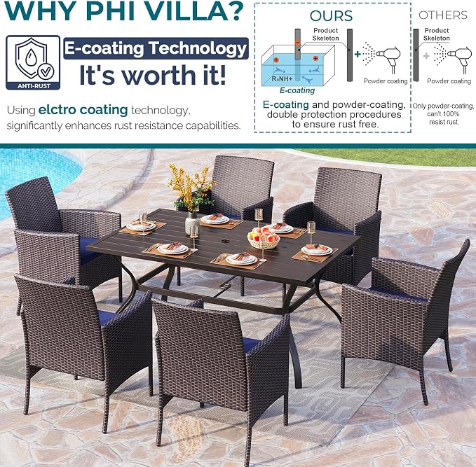 PHI VILLA 7pc Patio Dining Set w/Umbrella, Rectangular Table, Rattan Chairs | Outdoor Dining Set for 6, 60” Metal Table & 6 Cushioned Rattan Chairs with Red Umbrella for Outdoor, Deck, Yard, Porch