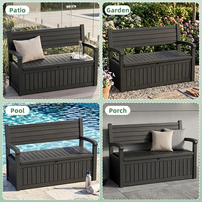 80Gal Resin Outdoor Deck Storage Bench, Lockable Waterproof UV Protected Patio Box, Weatherproof Porch Pool Garden Furniture for Yard Tools & Seat Cushions, Black
